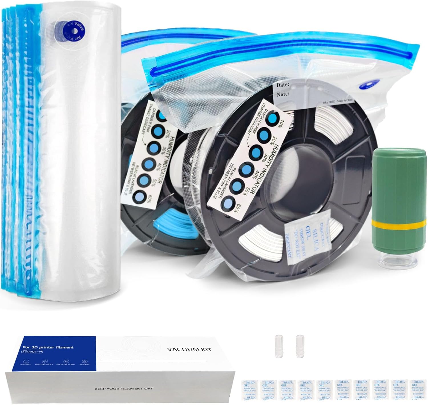 Filament Storage Bags Kit 22 Pcs with Auto Pump, 10 Filament Vacuum Bags Plus 10 Desiccants and 2 Clips