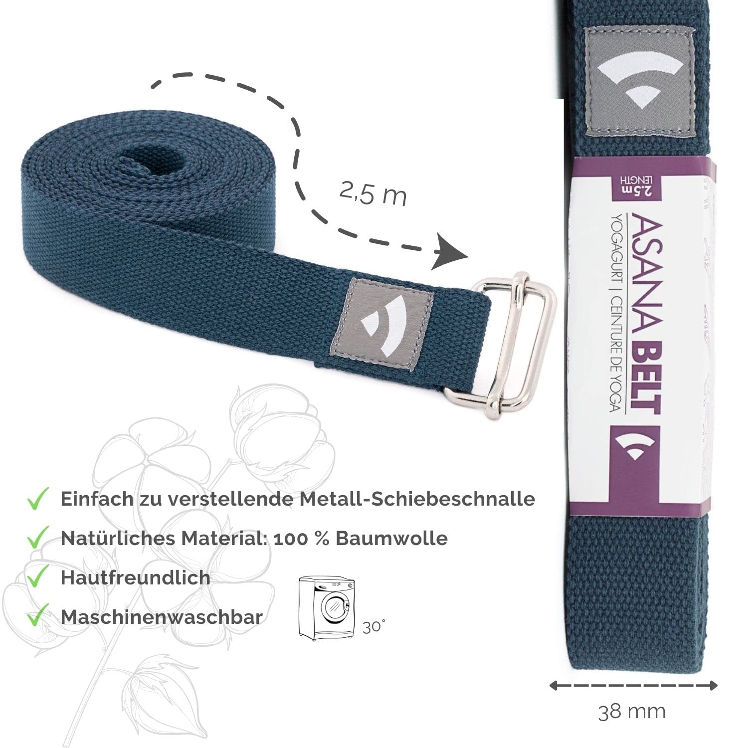 Bodhi ASANA Belt, yogariem van 100% katoen, praktisch yoga-accessoire voor rek, yogariem met schuifgesp van metaal, beginners en gevorderden, 250 x 3,8 cm, aubergine