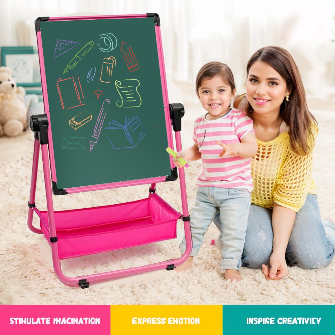 Dawnwake Easel Board for Kids, Kids Iron Art Easel – Double-Sided, Height Adjustable (29.6"-44"), 360° Rotating Whiteboard & Chalkboard, for Ages 2+ (Pink) 4