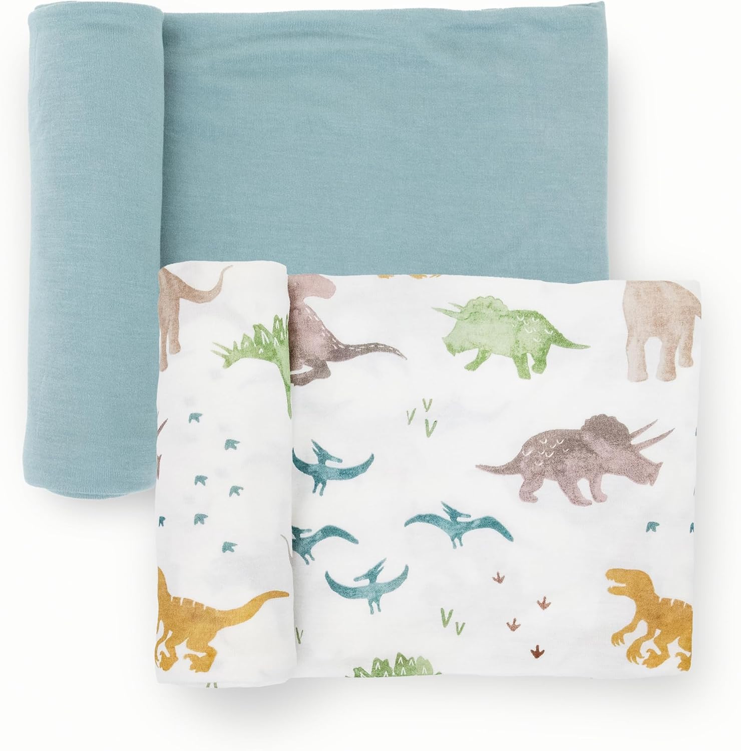Little Unicorn Large Stretch Knit Swaddle Blanket 2 Pack| Super Soft with Optimal Stretch for swaddling | Giftable Set (Dino Pals)