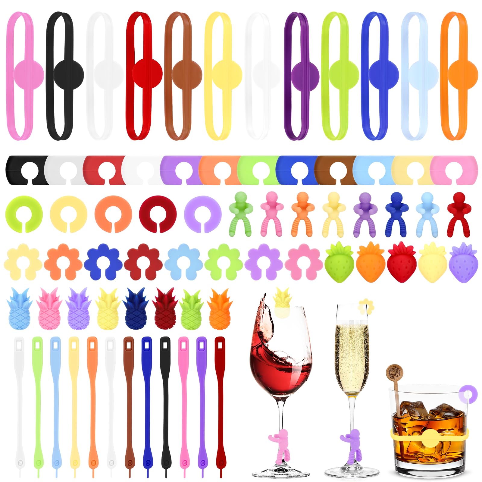 Lot 70 Marqueurs De Verres Silicone Réutilisables - 8 Formes Fun Pour Fêtes & Apéros