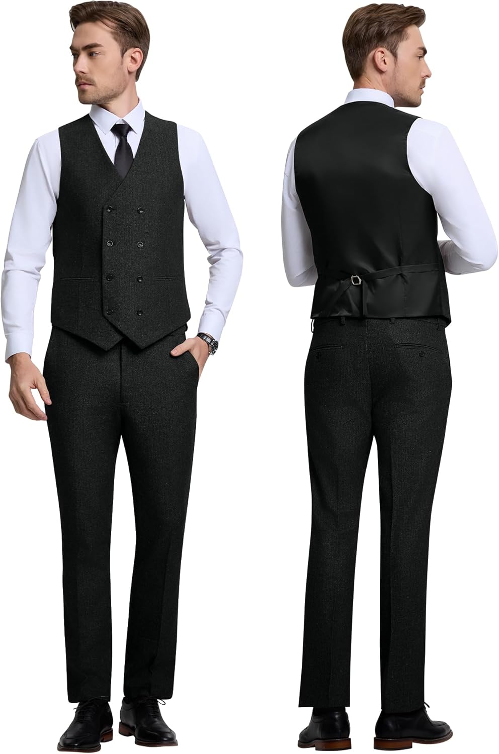 ZKHOECR Men's Suits Herringbone Tweed Suits for Men Retro 3 Piece Peak Lapel Blazer Wedding Prom Suit Jacket Vest Pants Set - Image 4