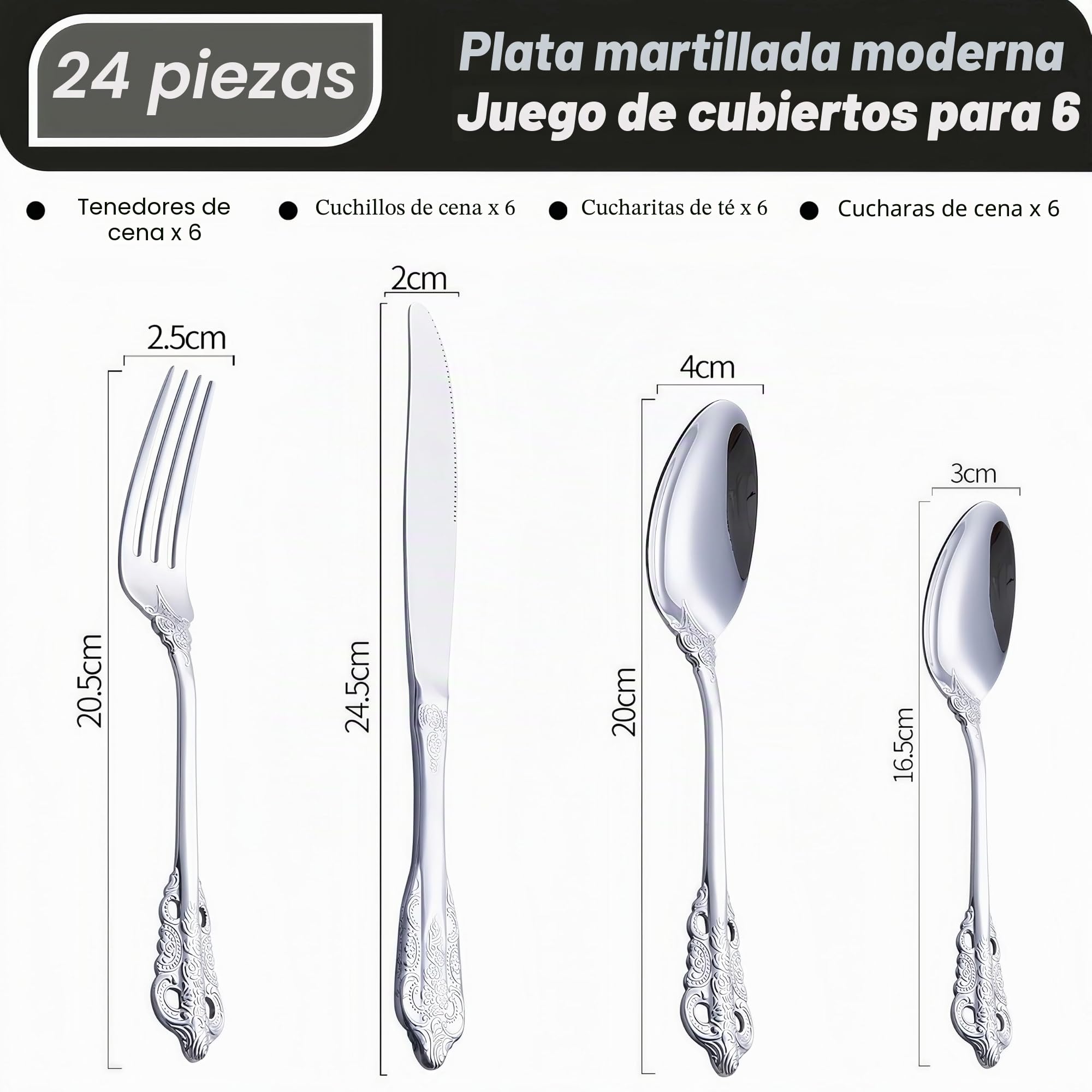 Juego de cubiertos martillados de 24 piezas, acero inoxidable, cuchillo, tenedor, cuchara, juego de cubiertos para 6 personas, modernos cubiertos de plata para casa/restaurante/fiesta