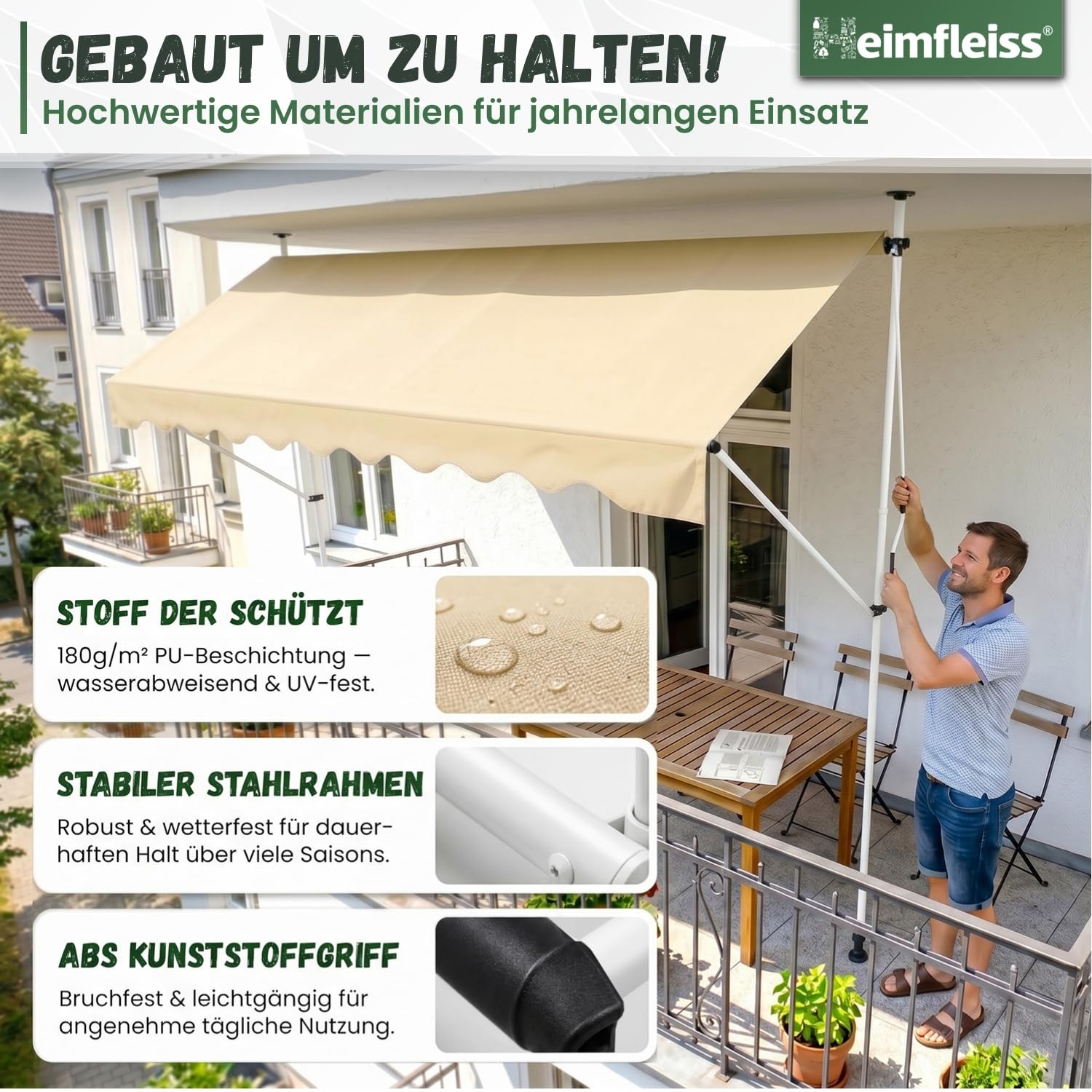 Heimfleiss® Klemmmarkise 350 cm breit mit Handkurbel | Markise Balkon ohne Bohren | Balkon Sonnenschutz, UV-beständig (UV 50+), höhenverstellbar & wasserabweisend | 3,5m Balkonmarkise zum Klemmen