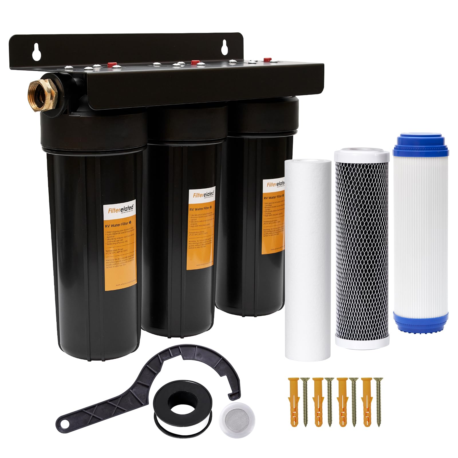 Sistema de filtro de agua para caravana, accesorios de latón sin fugas, tres filtros incluidos que reducen los sedimentos, filtro de agua de caravana, cloro, mal sabor y olores, adecuado para
