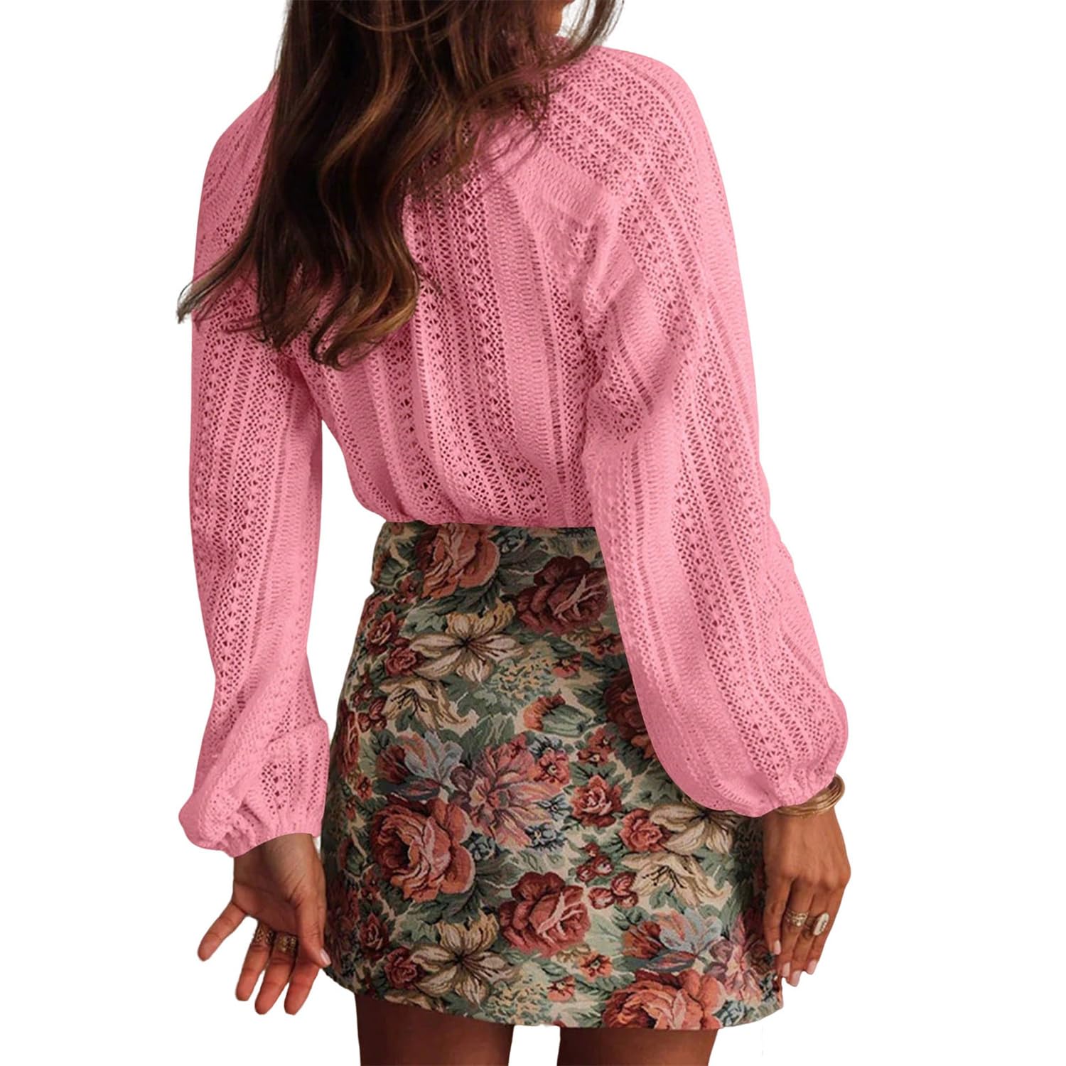 Top Estivo Casual in Maglia Traforata con Bottoni: Blusa Elegante con Scollo a V, Dettagli all'Uncinetto e Maniche Lunghe a Lanterna