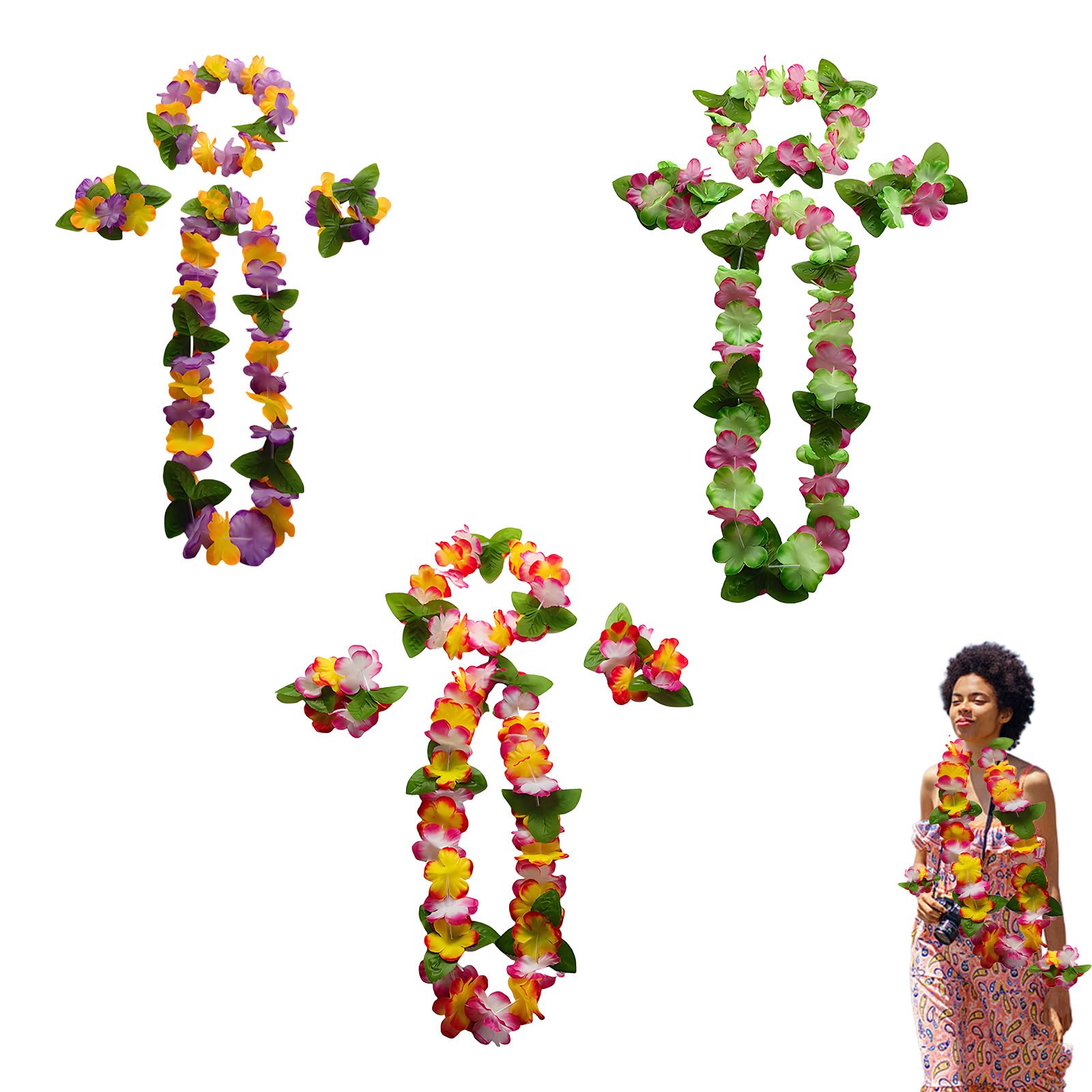 12 Pcs Hawaiian Garland Set, Hawaiian Flower Necklace Headbands and Bracelets for Beach Party, Multicolor