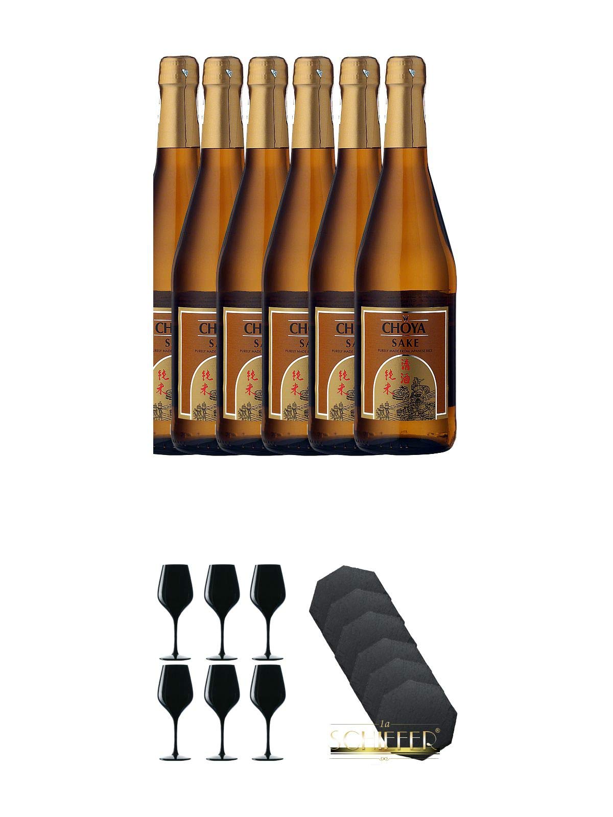 Choya Sake Reiswein Japan 6 x 0,75 Liter + Blind Tastinglas für Wein Exquisit 6 Gläser - 1477402 + Schiefer Glasuntersetzer achteckig 6 x ca. 9,5 cm Durchmesser