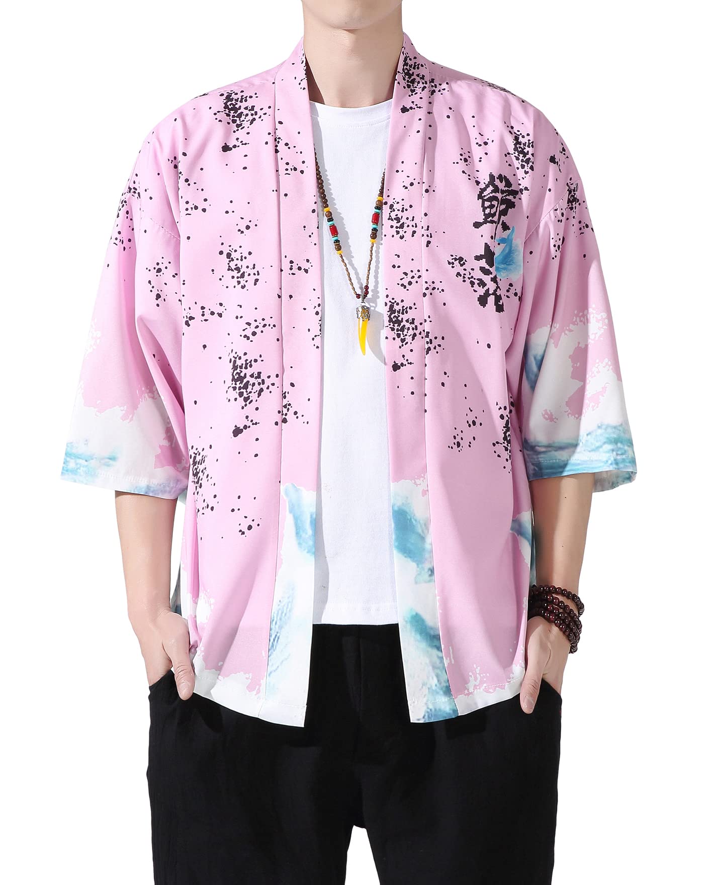 Men's Kimono Jacket Lightweight 3/4 Sleeve Kimono Cardigan Japanese Robe