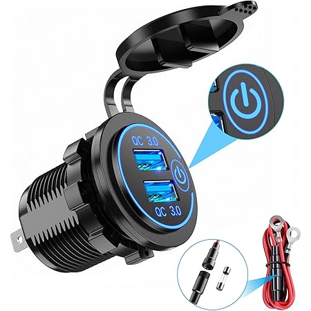 YONHAN Quick Charge 3.0 Dual USB Car Charger with Switch, Waterproof 36W 12V USB Outlet Fast Charger Power Outlet for Marine Boat Motorcycle Truck Golf Cart and More