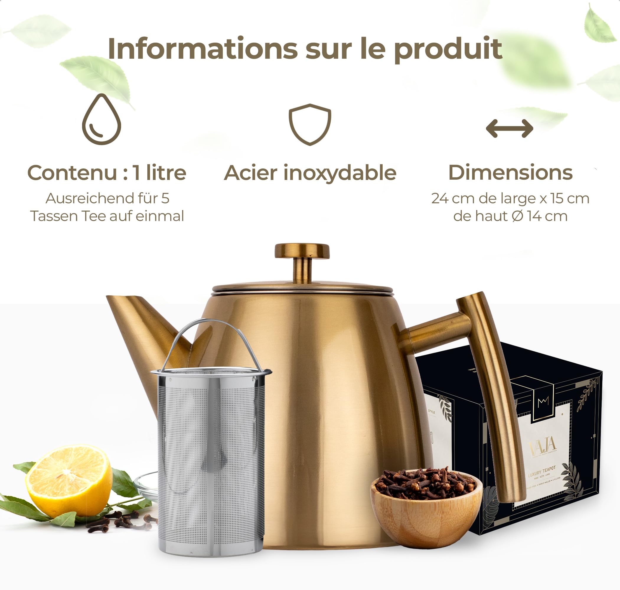 Vaja Trends Théière, 1L doré à Double Paroi en Acier Inoxydable Théière avec Infuseur et Réchaud, Machine à Thé