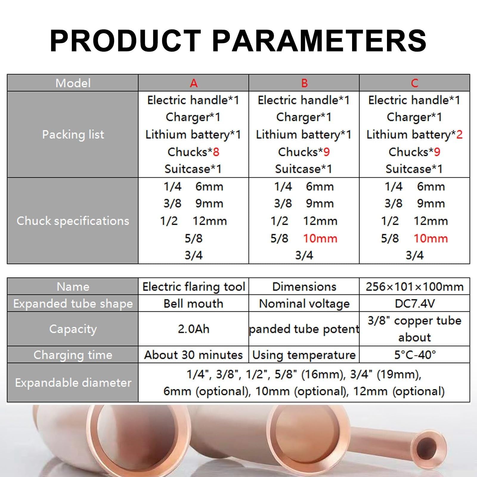 LED Lighting Electric Pipe Flaring Tool, for Soft Copper/Aluminum/Brass Pipes, Eccentric Tube Flaring Tool, Portable Tube Flaring Kit(C)