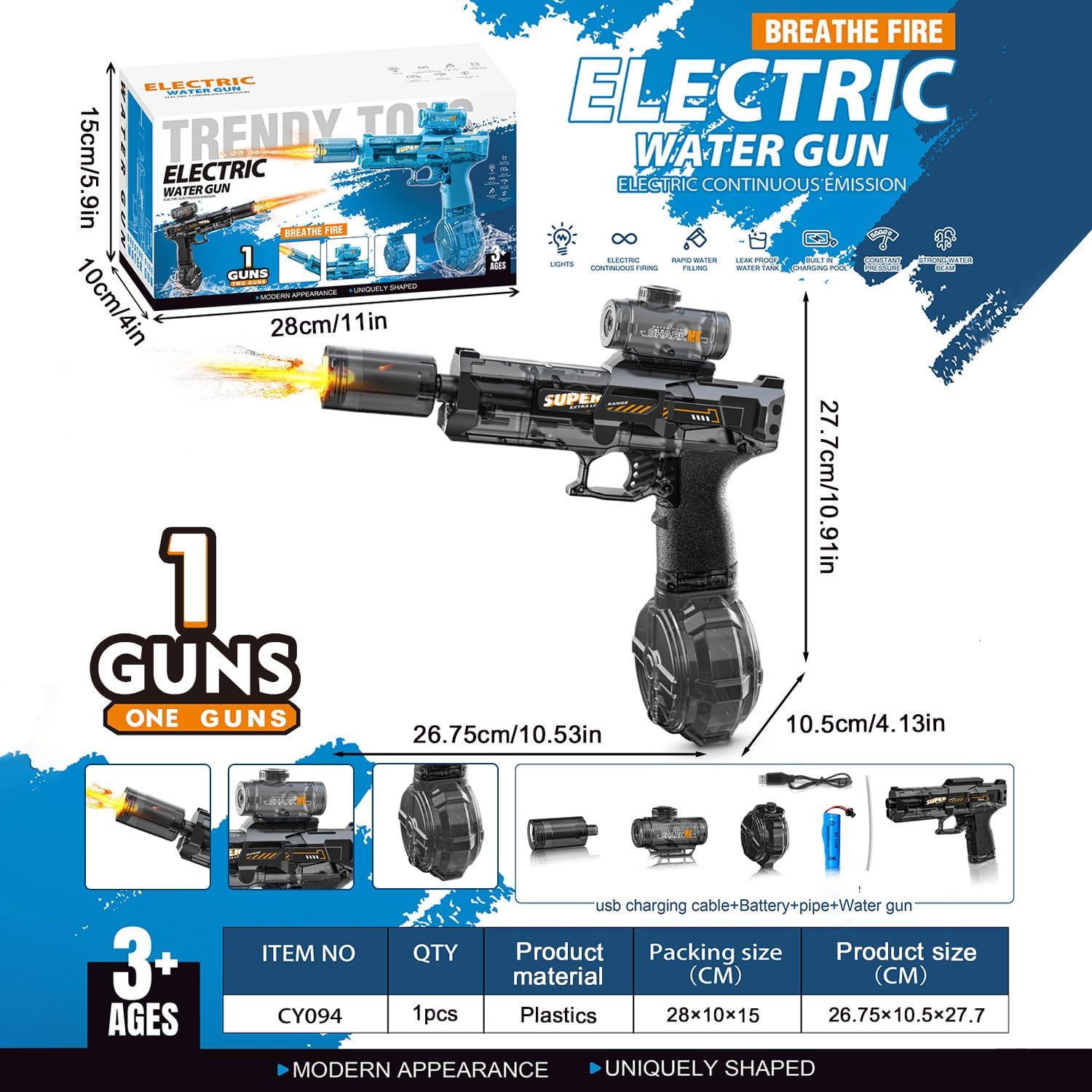 Electric Water Gun,Full Automatic Electric Squirt Gun 28-32 FT Range Water Pistol Blaster Soaker,Water Playing Toys for Outdoor Yard Beach Pool (Black)