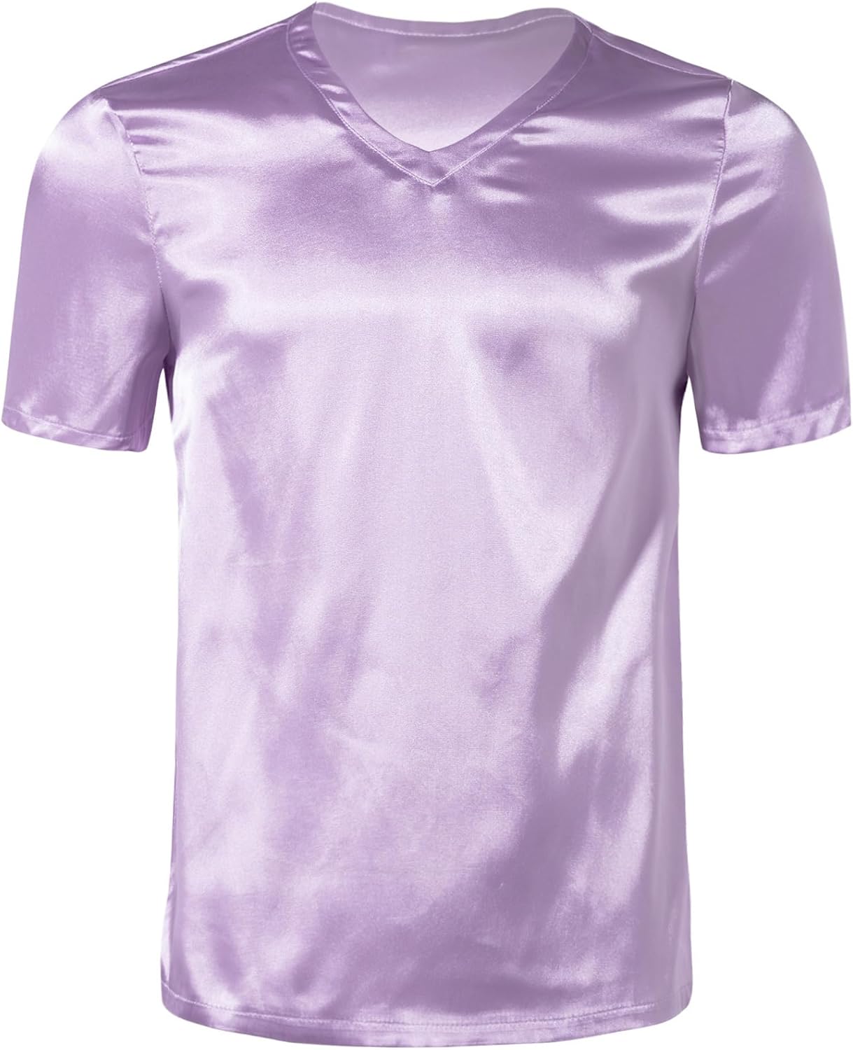 Men's V Neck Short Sleeve Satin T-Shirt Loose Pajamas Tops Solid Color Loungewear Sleepwear