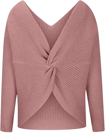 Womens V Neck Criss Cross Twisted Back Sweaters 2024 Fall Long Sleeve Solid Knitted Pullover Trendy Fashion Tops