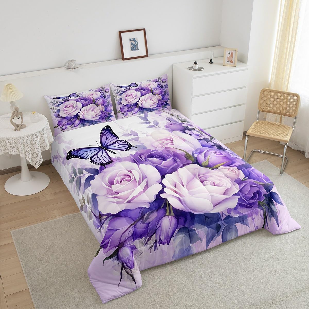 Feelyou Purple Rose Comforter Set Queen Size Purple Butterfly Bedding Set for Girls Women Flower Floral Comforter Flower Plants Quilt Set 3Pcs