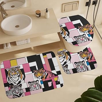Animal Tiger 3 Piece Bath Mats Zoo Watercolor Abstract Tiger Geometric Mosaic Waterproof Non Slip Bath Mat Set, Washable Rug for Bathroom,-3-Piece Set