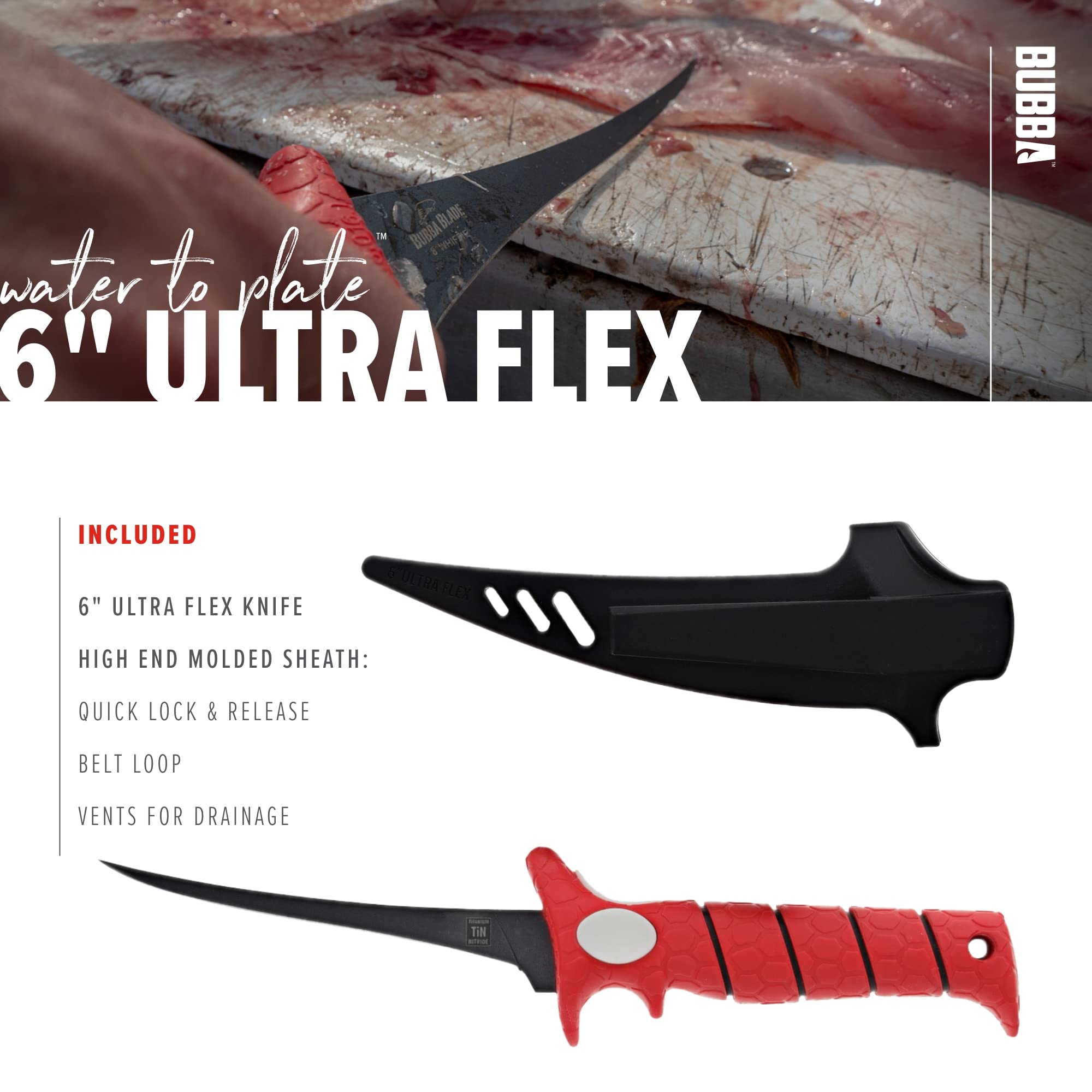 Bubba Blade 6 Inch Whiffie Extreme Flex Tapered Fillet Knife with Non-Slip  Grip Handle