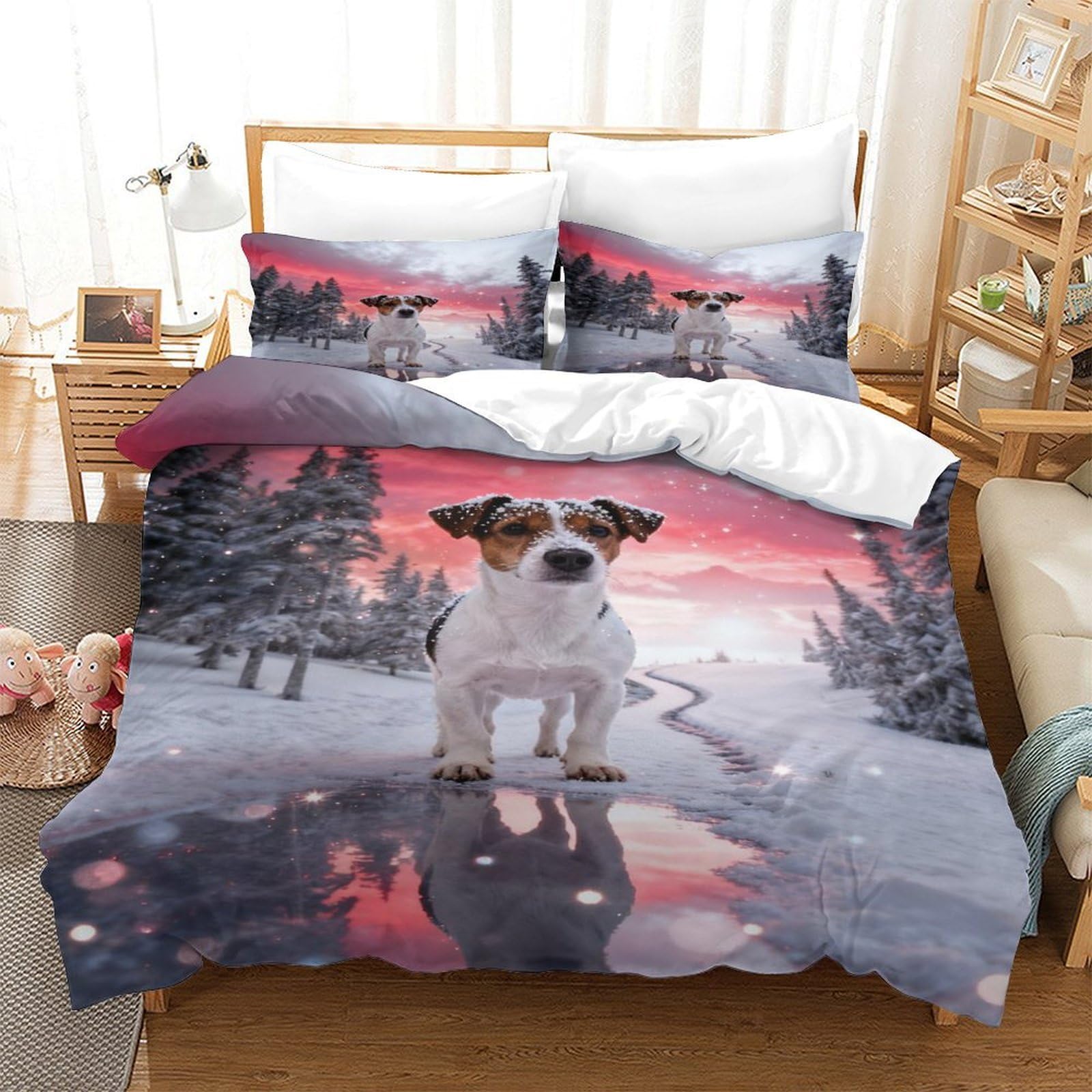 WXLWHR Jack Russell Terrier Duvet Cover Set 3D Snow-Covered Pine Pattern Bedding Set Soft Polyester Comforter Cover with Hidden Zipper & Pillowcase for Kids Adults Single（140x200cm）