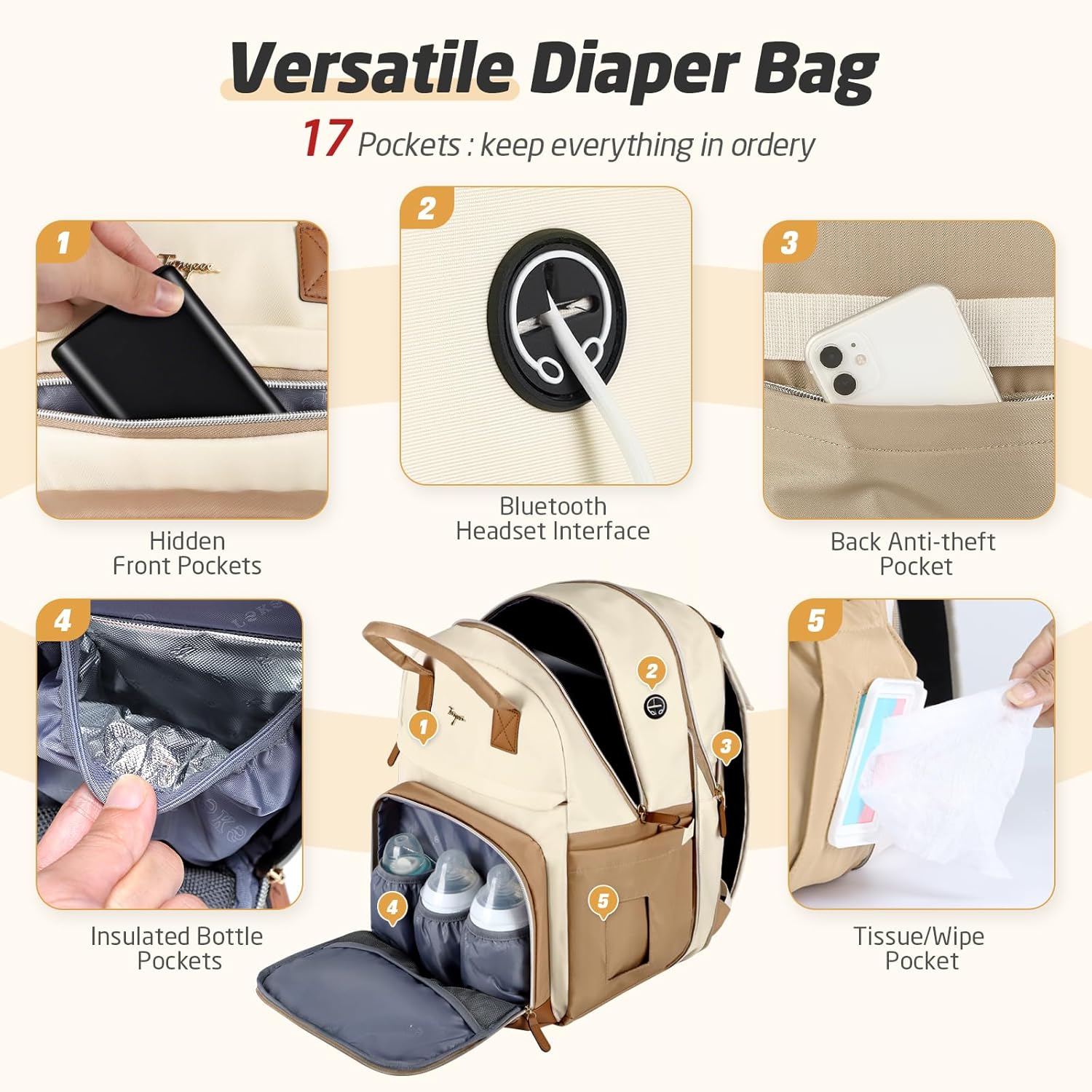 Diaper Bag Backpack - Extra Large Diaper Bag for 2 Kids Twin, Travel Baby Bags for Mom Dad 25-37L Expandable with Changing Pad Earphone Hole, Apricot Beige - Image 4
