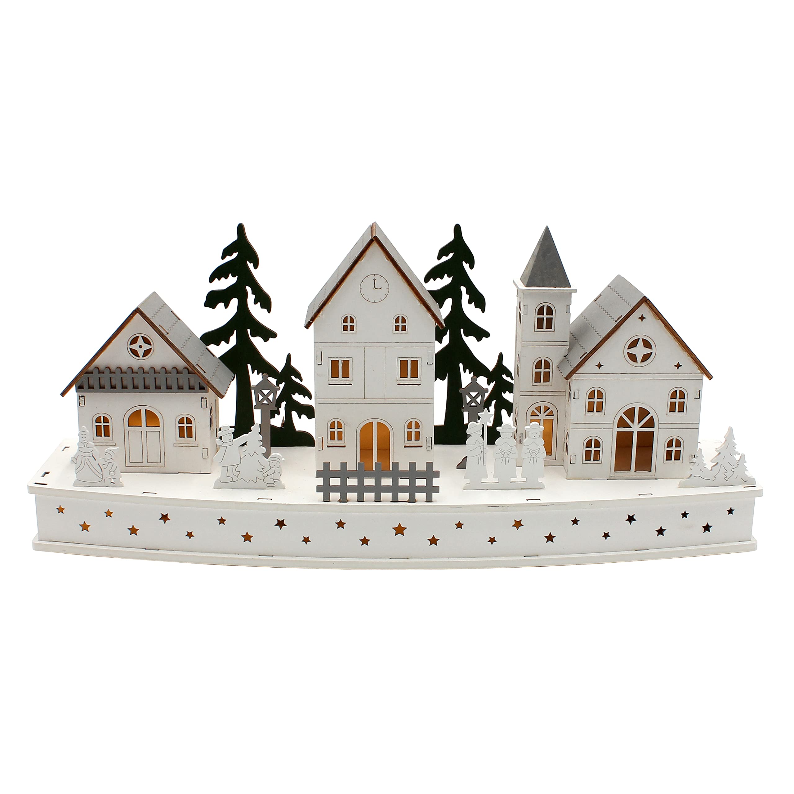 Dekohelden24 Winterszene aus Holz mit LED, Weiß mit Grau und Grün, Größe L/B/H 12 x 44 x 19 cm