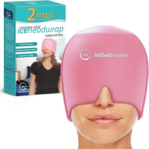 Paquete de 2 sombreros de cabeza para aliviar la migraña, para aliviar el dolor de cabeza y migraña, paquete de hielo de gel frío con compresa de