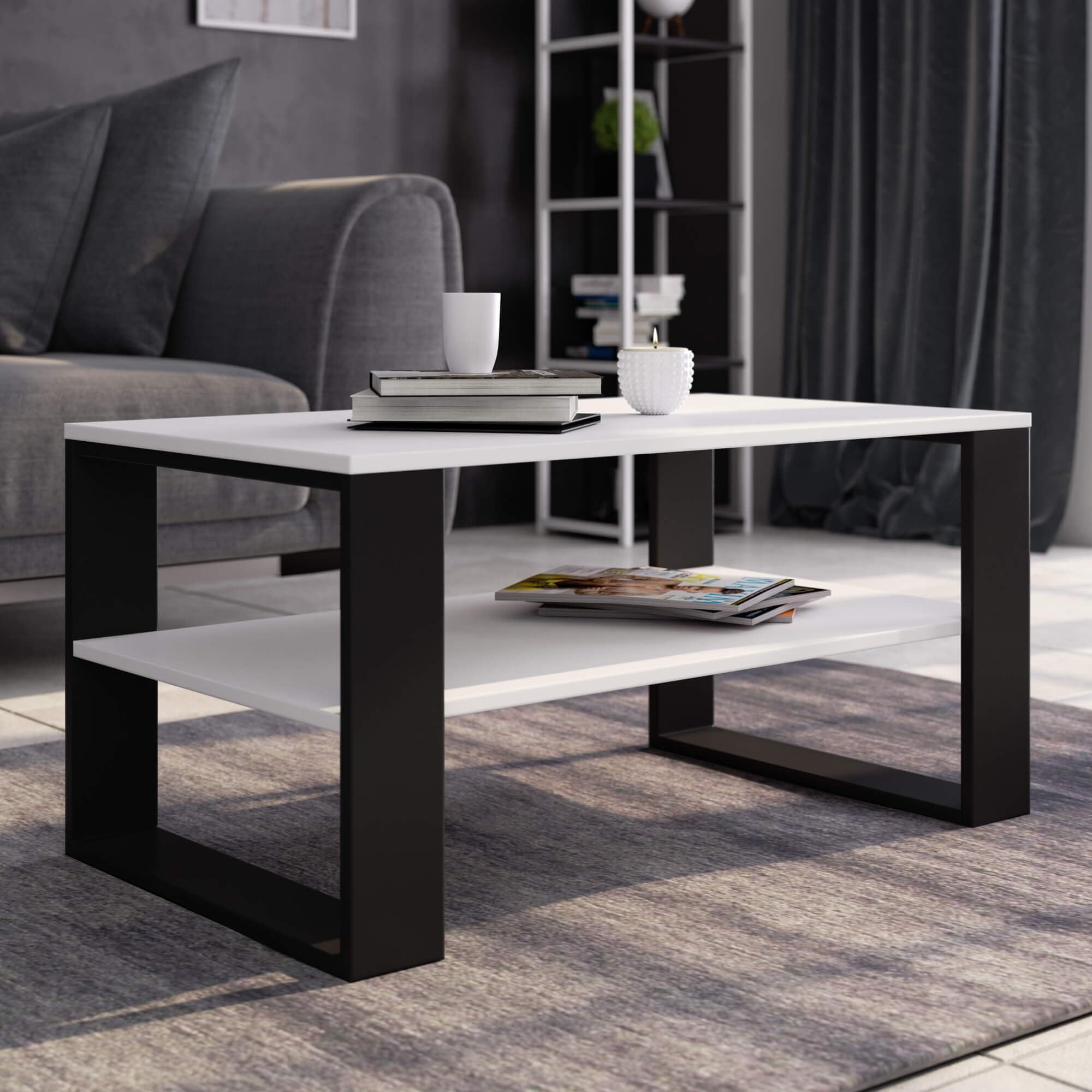 AKORD Table de Salon avec 1 étagère NOX | 92 x 45 x 53 cm | Table Basse Design Moderne | Tables Basses de Salon | Tableau Meuble de Rangement | Panneau Stratifié 16mm | Noir & Blanc