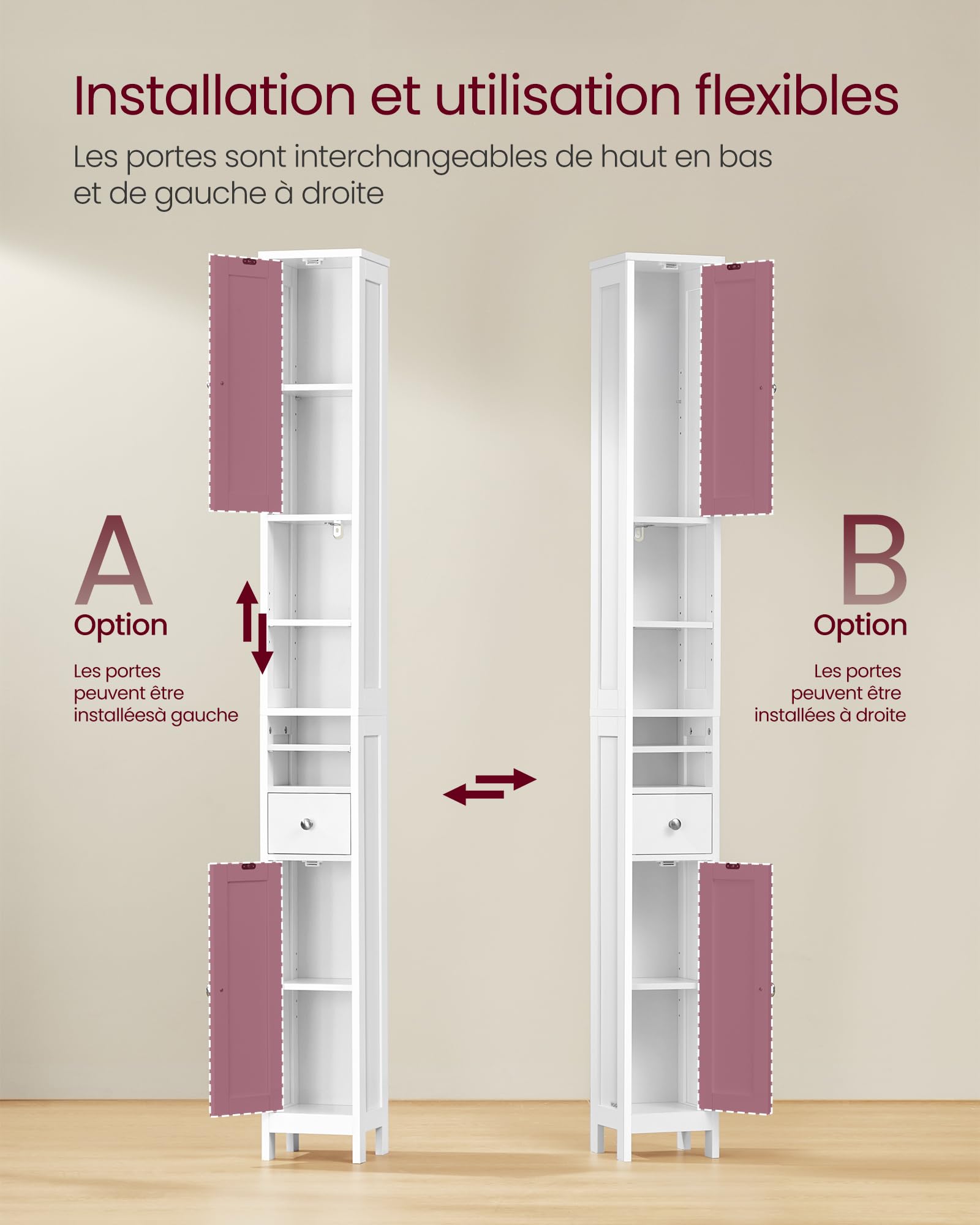 VASAGLE Colonne Salle de Bain Haute, Meuble Salle de Bain Etroit, avec Étagères Réglables, Tiroir, Compartiments Ouverts, pour Les Petits Espaces, Moderne, Blanc Nuage BBC765W01