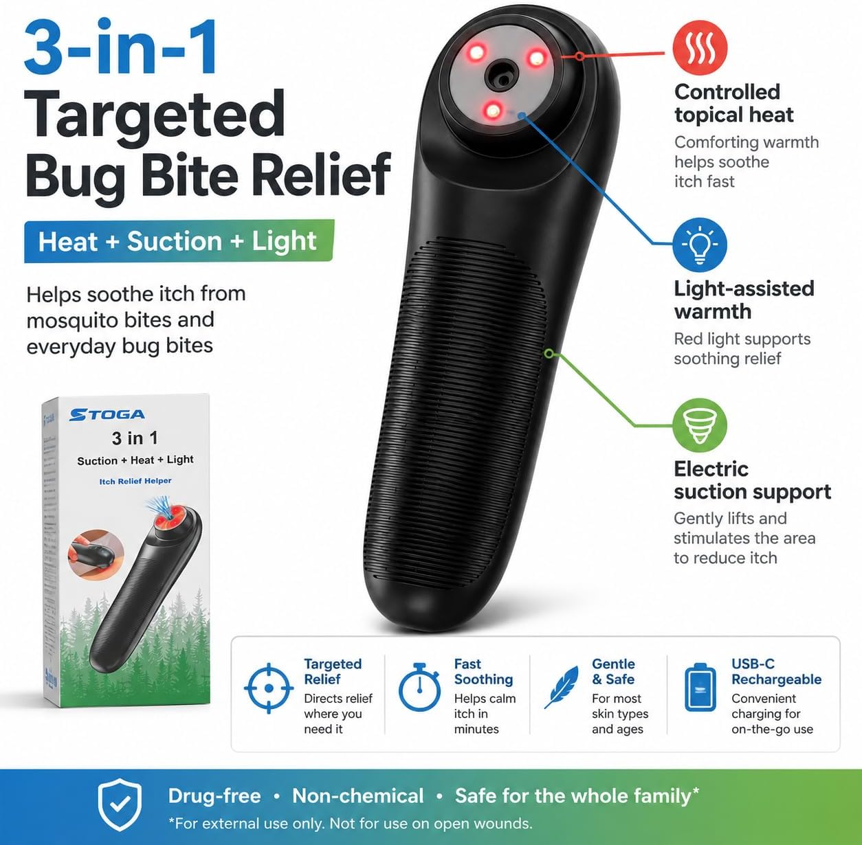 Electric Bug Bite Itch Relief Device, Heat & Suction Combo Mosquito Bite Relief Tool, Chemical-Free Insect Bite Relief for Mosquito Bites & Bug Bites, Portable for Camping & Travel