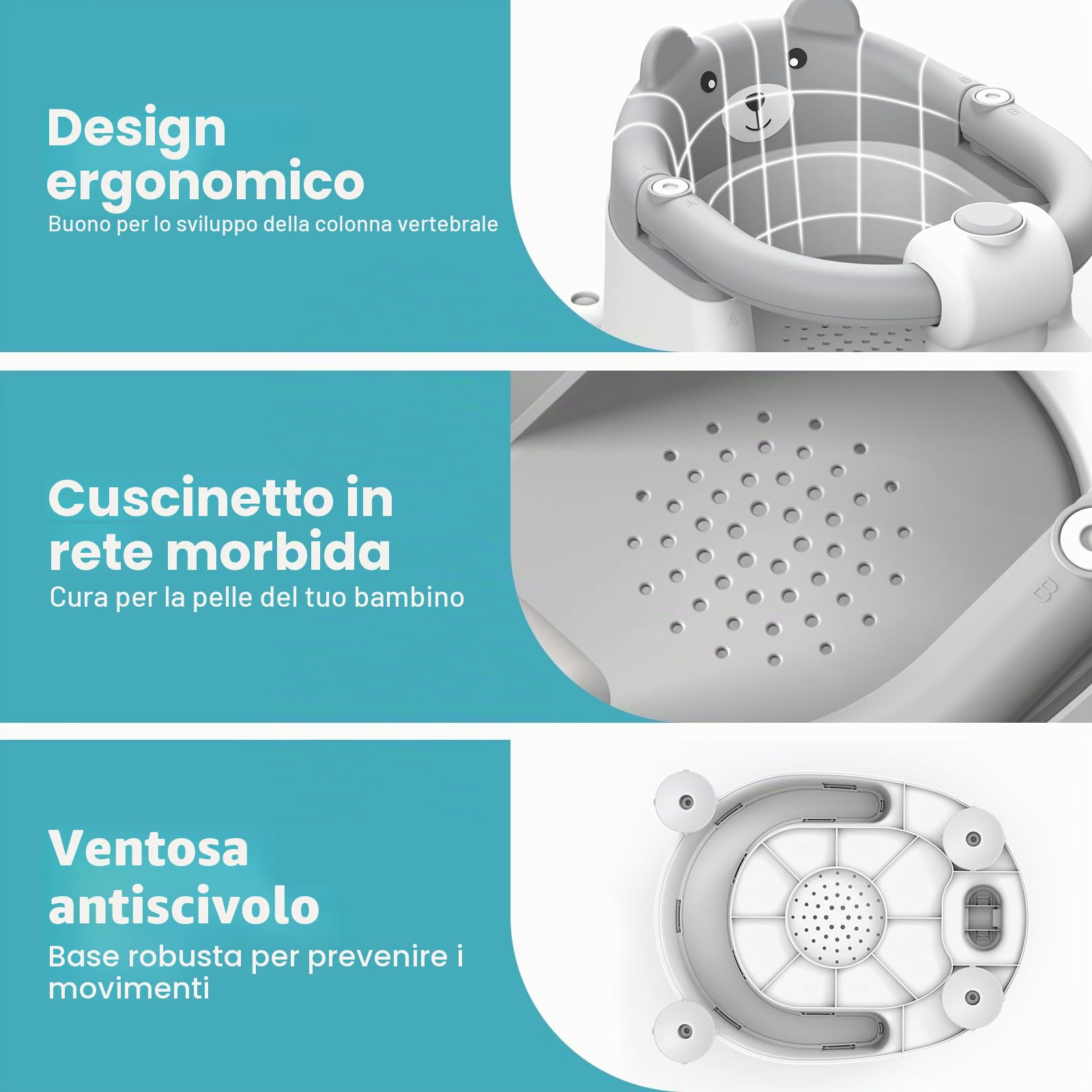 Highbird Seggiolino da Bagno per Bebè da 6 Mesi, Antiscivolo con 4 Ventose Potenti e Cuscino Rimovibile, Ideale per Bambini 6-18 Mesi per Doccia o Vasca, Portatile, Facile da Pulire - Grigio