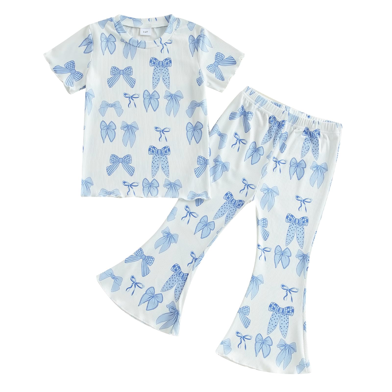 Lamuusaa Toddler Baby Girl Summer Clothes Short Sleeve T-shirt Bow Print Elastic Flared Pants 2Pcs Clothes Set 1-5T (Blue, 18-24 Months)