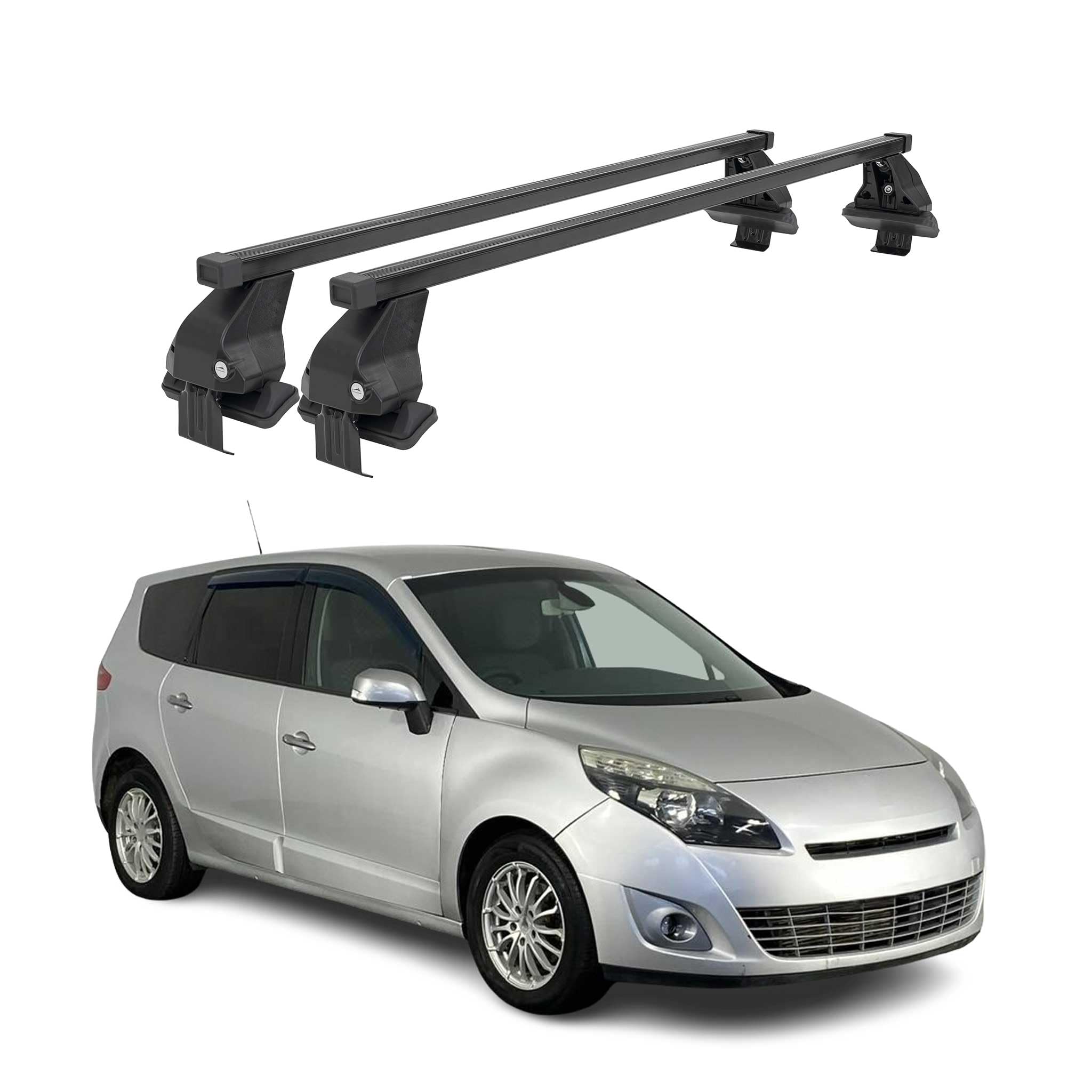 OMAC Barres de Toit transversales en Acier pour Renault Scenic III 2009-2016 – Antivol Inclus – Testées City Crash – DIN 75302:2019 – ISO/Pas 11154:2006 – Charge Max 50 kg Noir