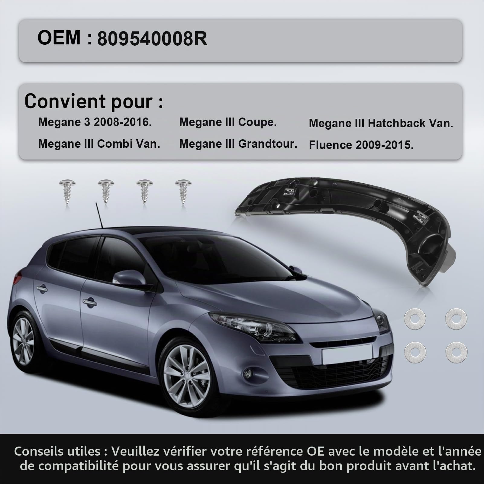 Poignée intérieure de porte avant droite pour 2008-2016 Meg,ane 3 Grandtour Combi Van Fluence, 2009-2015 Fluence #809540008R / 809600015R