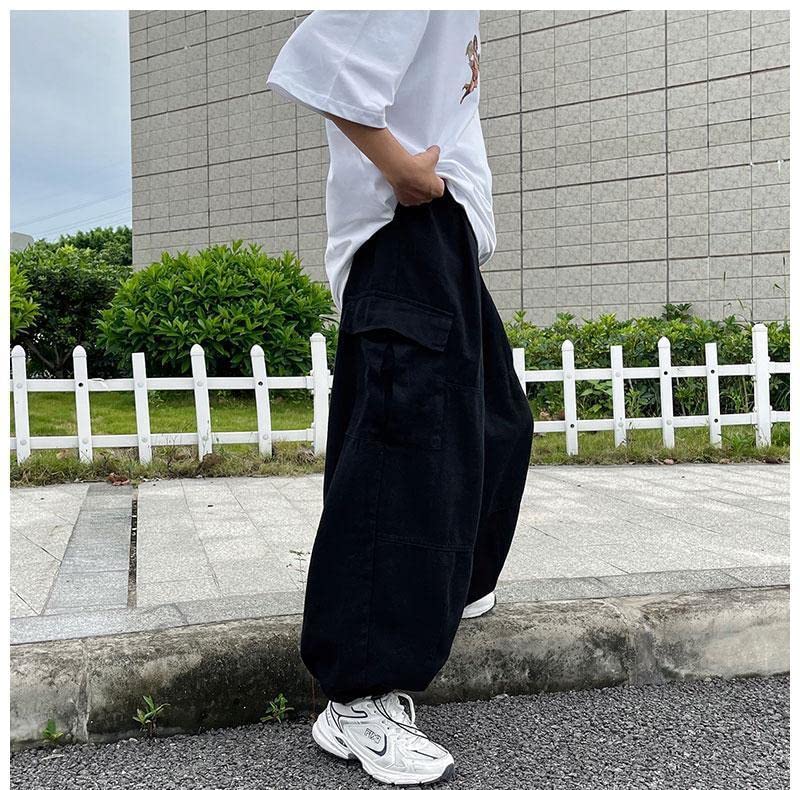 Pantalones de paracaídas tipo cargo para hombres y mujeres, holgados, Harajuku, de cintura baja, Y2K, pantalones Grunge, unisex, Negro -, X-Large