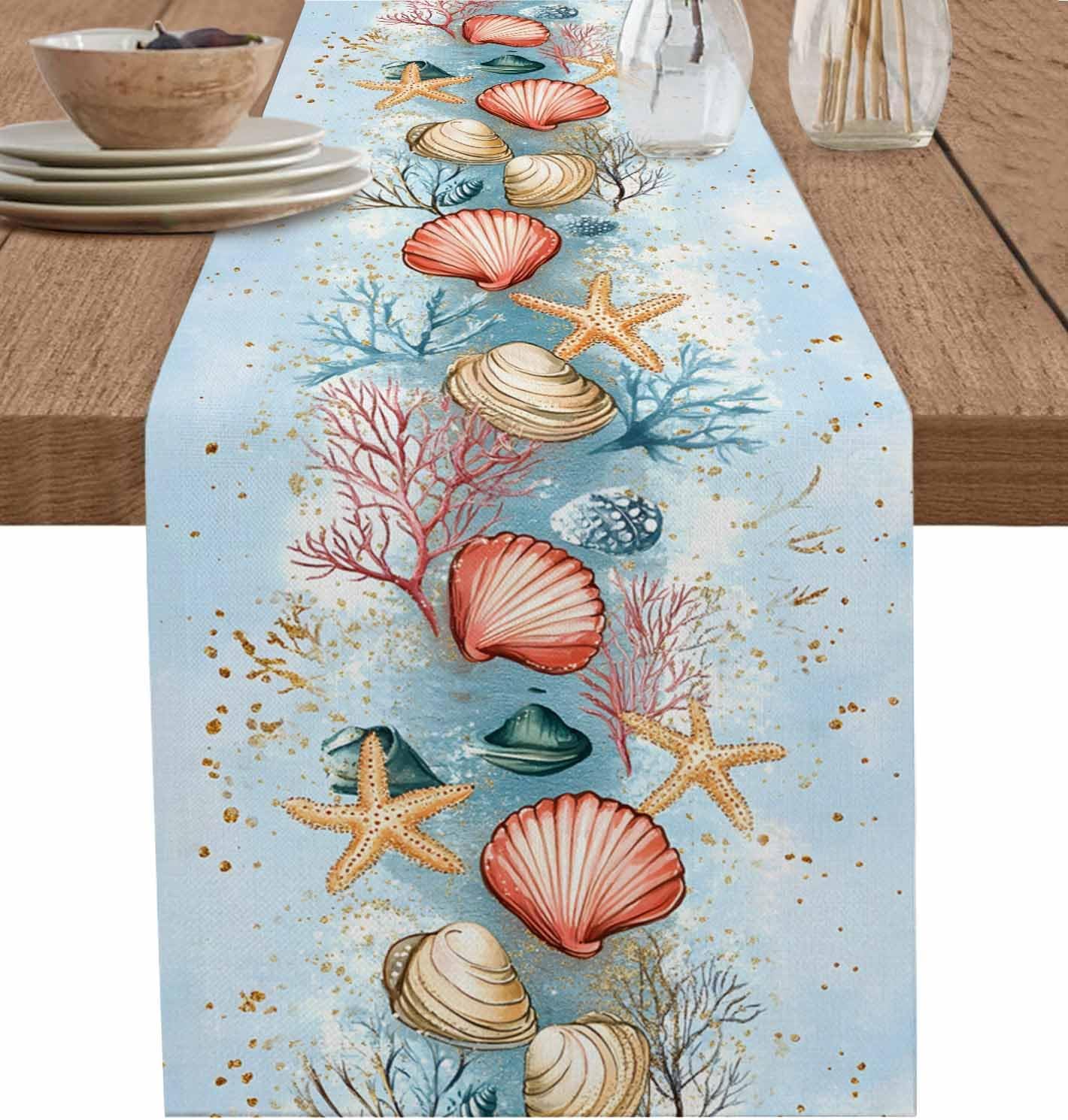 Ocean Cotton and Linen Table Runner, Kitchen Table Runners for Family Dinner, Banquet, Parties and Celebrations, Summer Starfish Shell Coral Table Decor, 16 x 72 inch