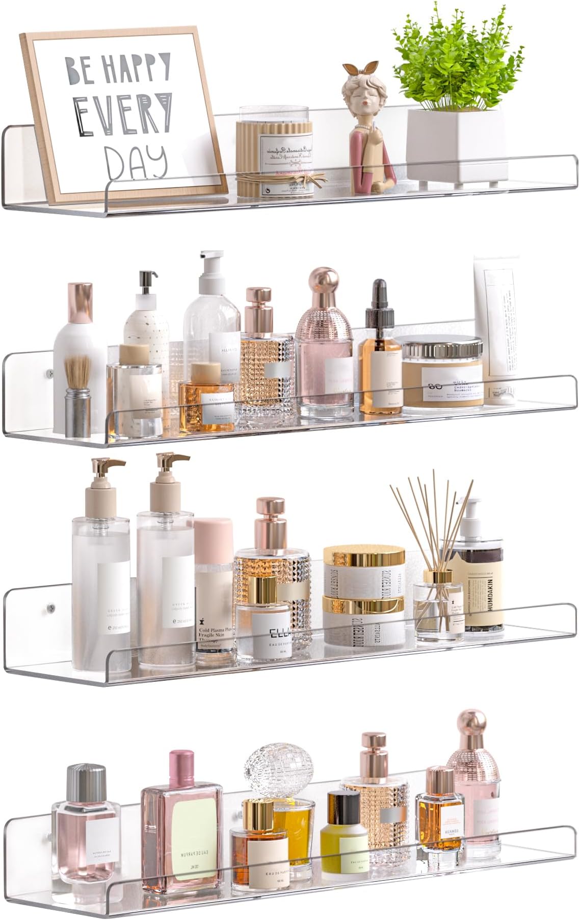 upsimples 4 Pack Acrylic Shelves for Wall Storage, 15" Floating Bookshelves for Kids, Display Shelves Organizer for Bathroom, Bedroom, Living Room, Kitchen, Room Decor, Clear