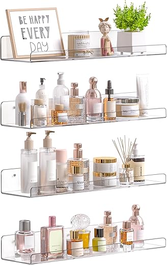 upsimples 4 Pack Acrylic Shelves for Wall Storage, 15" Floating Bookshelves for Kids, Display Shelf Organizer for Bathroom, Bedroom, Living Room, Kitchen, Room Decor, Clear