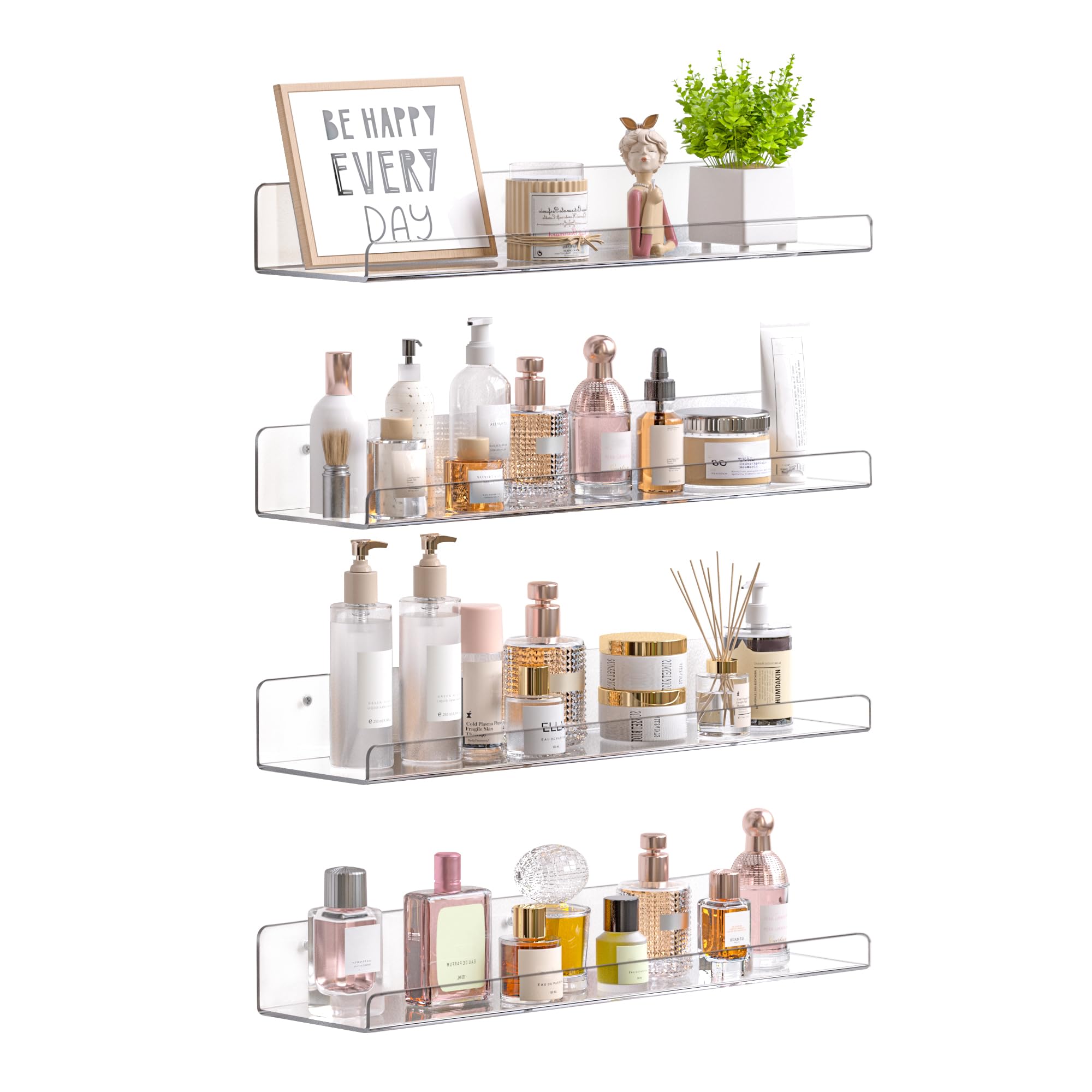 upsimples 4 Pack Acrylic Shelves for Wall Storage, 15" Floating Bookshelves for Kids, Display Shelves Organizer for Bathroom, Bedroom, Living Room, Kitchen, Room Decor, Clearupsimples 4 Pack Acrylic Shelves for Wall Storage,…