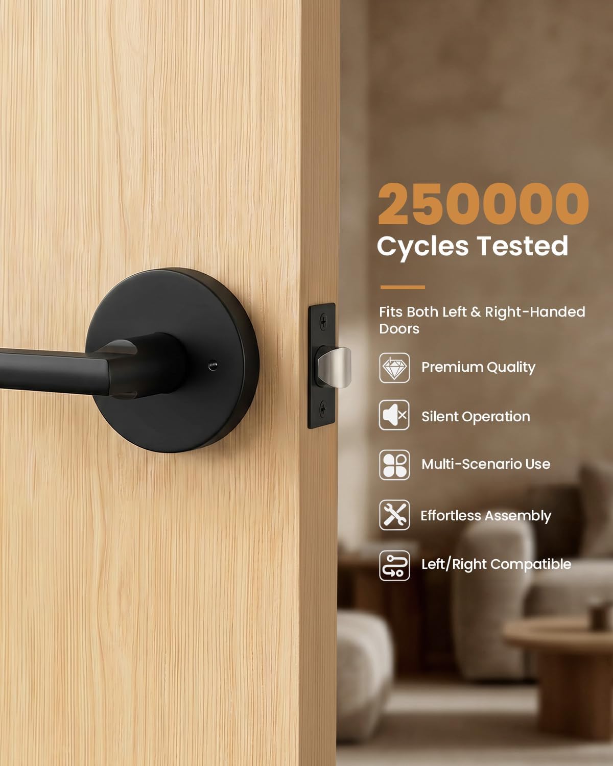 Rergy Black Door Handles Interior, Zinc Alloy Matte Black Interior Door Handles for Bedroom Bathroom, Round Privacy Door Handle with Quick Release, Reversible Door Lever, 6 Pack