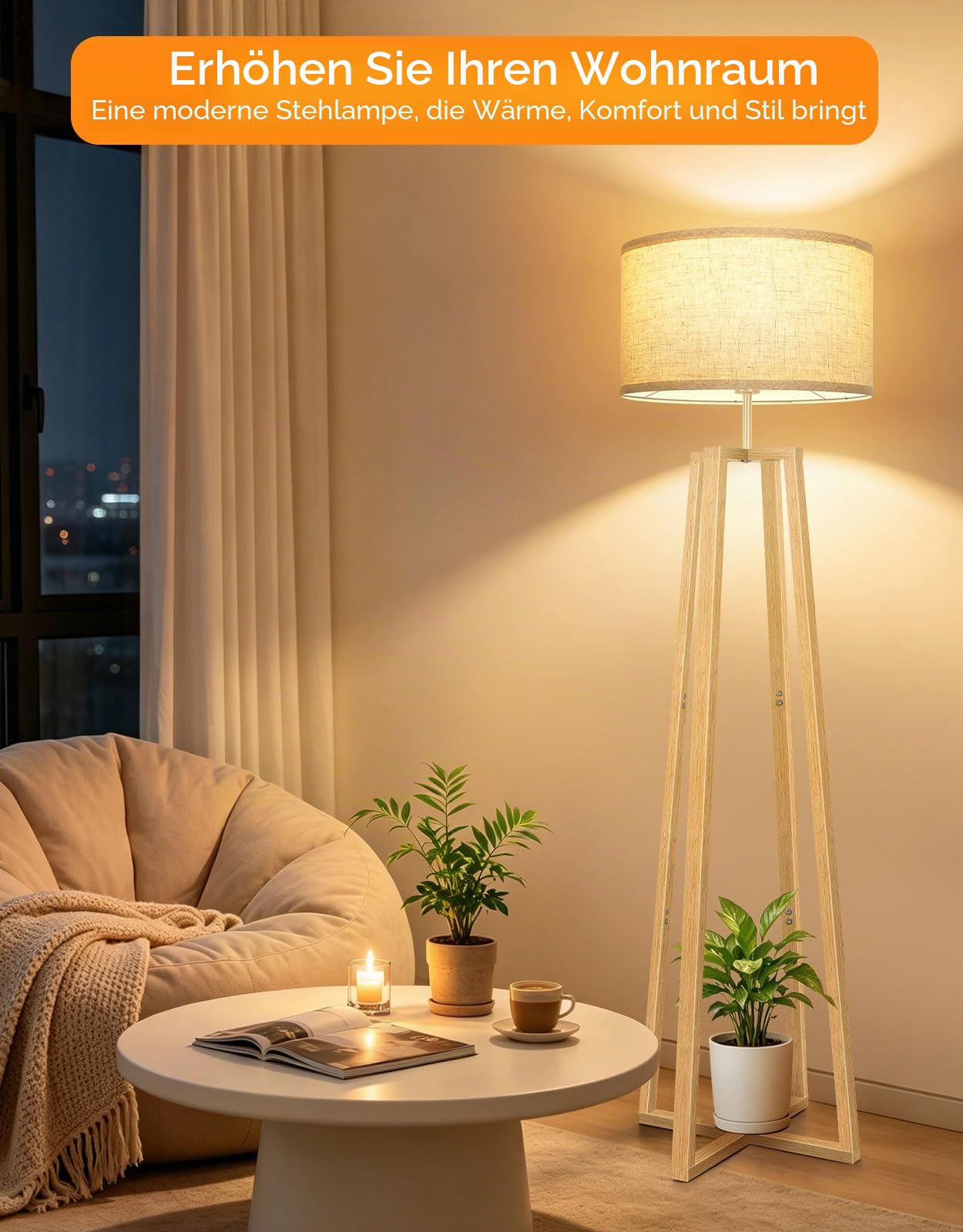 OUTON Dreibein Stehlampe Holz mit Fernbedienung, Dimmbar | 1100LM LED, 3000K-6500K, Leinen Lampenschirm, Massivholz, Timer, Memory Funktion, Fußschalter
