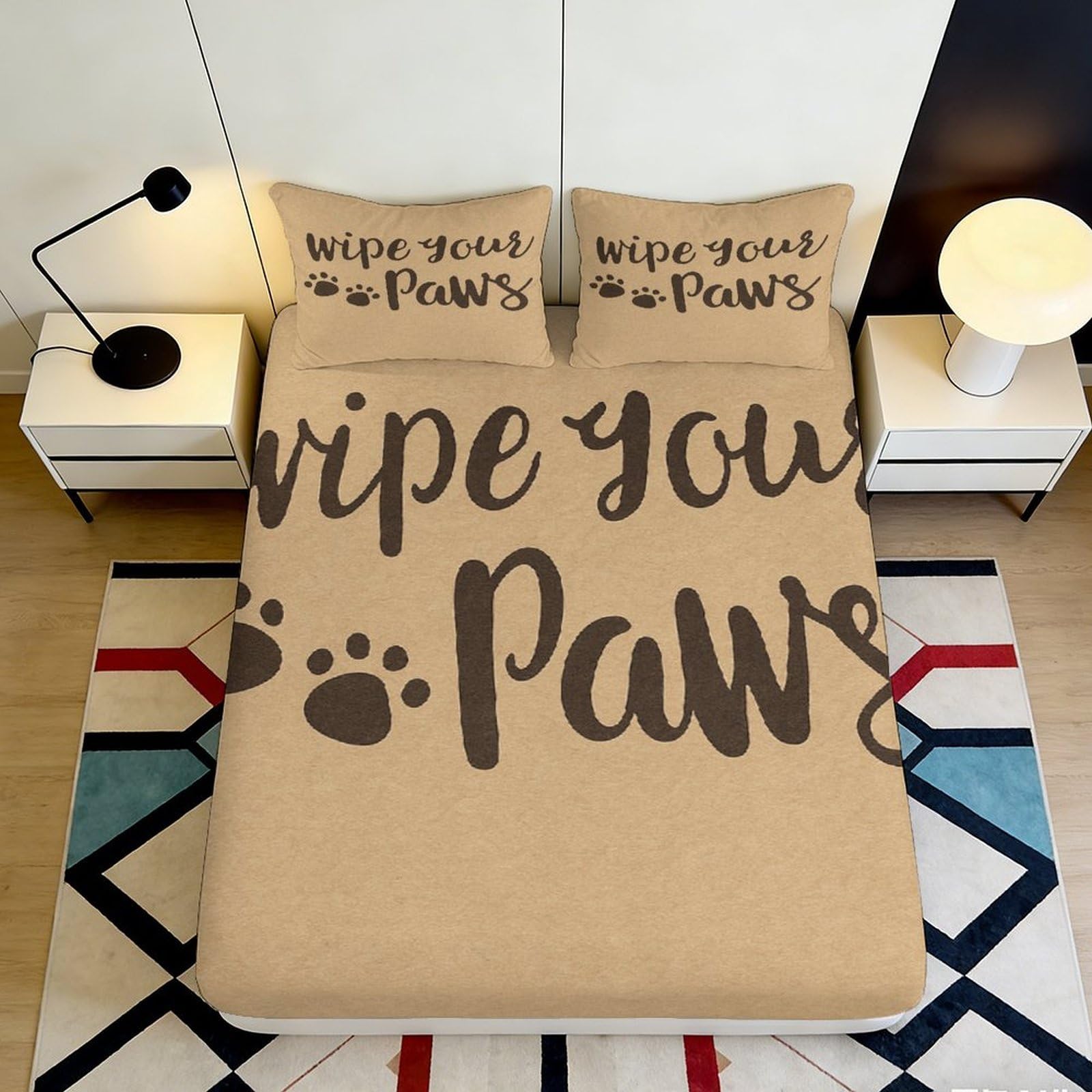 3D Printed Wipe Your Paws Fitted Sheet Microfiber Soft Breathable Paw Print Bed Cover for Bedroom Dormitory Guest Room Mattress Protection Decor 120x200x25cm