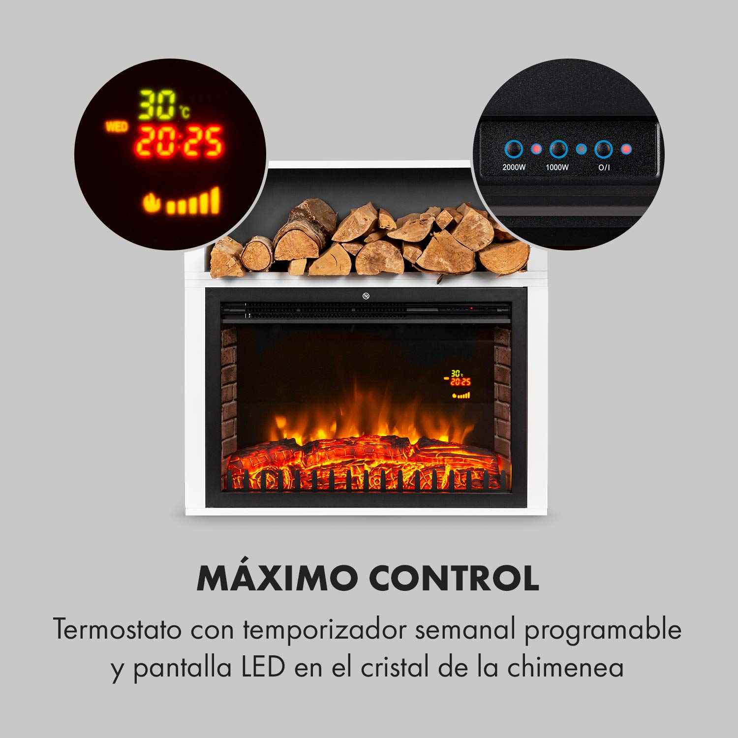 Klarstein Mauna Loa - Chimenea eléctrica de convección, 1000/2000 W, hasta 40 m², termostato: 15-30 °C, ilusión de Llamas, LED Regulable, Mando a Distancia, Temporizador semanal, Blanco