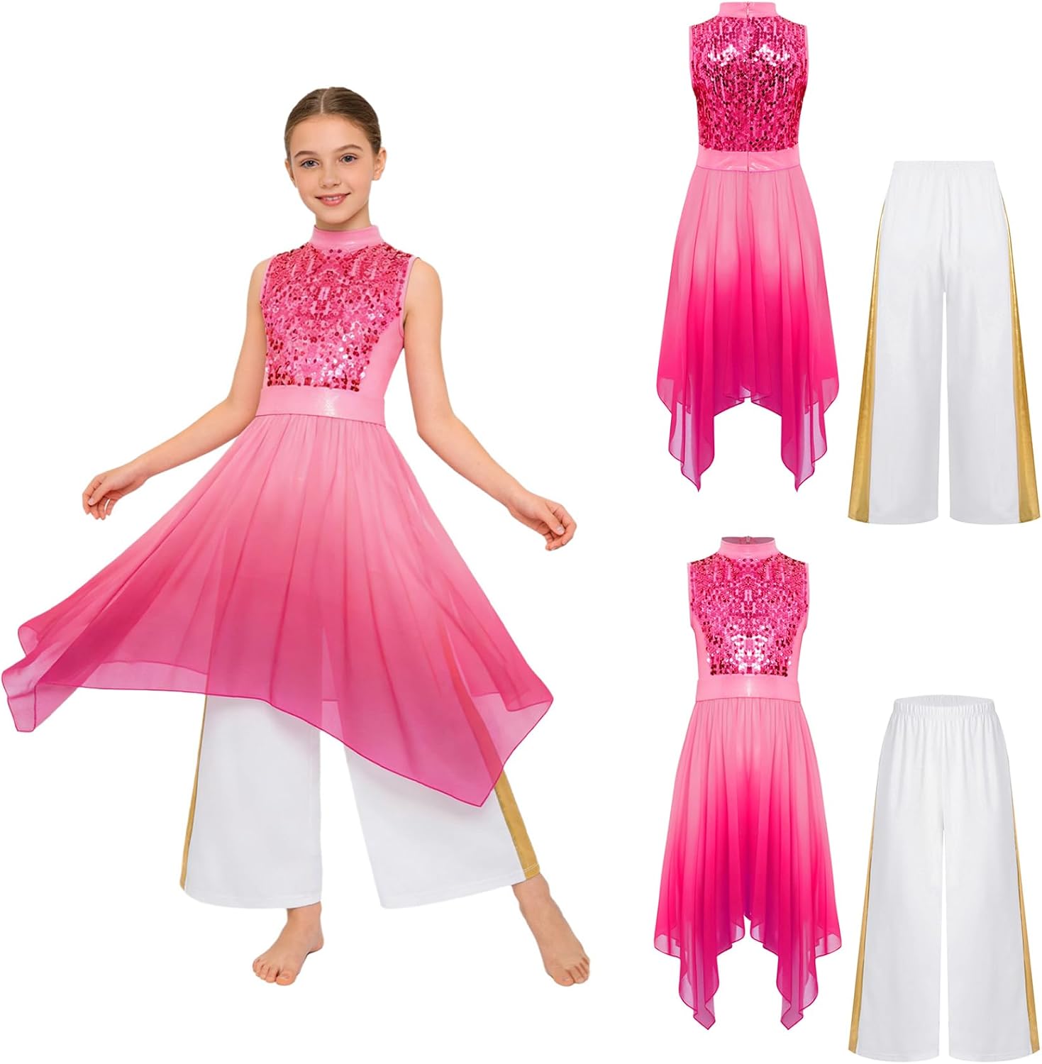 Jugaoge Girls Sparkly Praise Dance Dress Set Sequin Sleeveless Gradient Tunic with Wide-Leg Pants Lyrical Dance Outfit
