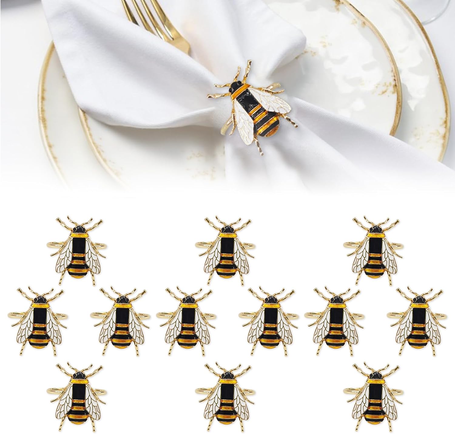 Napkin Rings Bee Dining Table Decor Soft Enamel Metal Gold Set of 12 Holders for Cloth Napkins - Easter & Valentine Gift