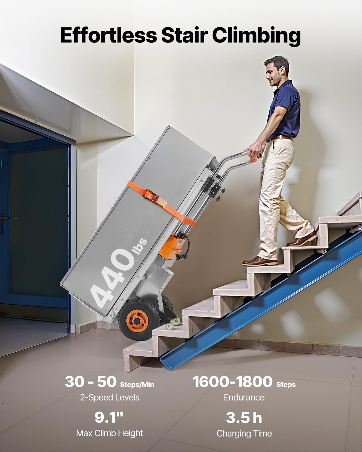 VEVOR Electric Stair Climbing Dolly, 440lbs Electric Stair Climbing Hand Trucks with 157.5in Rope & Extendable Handle, Heavy Duty Stair Climber for Warehouse Logistics, Moving Furniture(Silver)