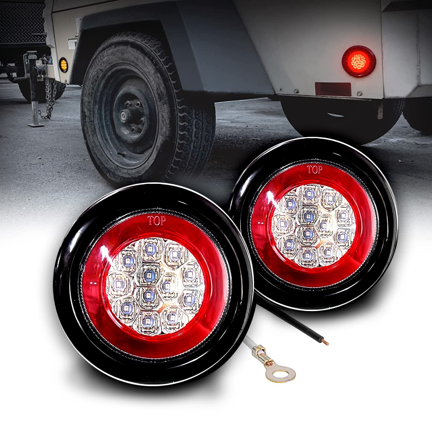 TreeligoLED Trailer Lights, 2PCS 4 Inch Round Red/White Dual Colors Universal Back Up Lamp, Tail Running Stop Brake Reverse Strobe Indicator for Semi-trailers, Dump Trucks, Buses, Boats.