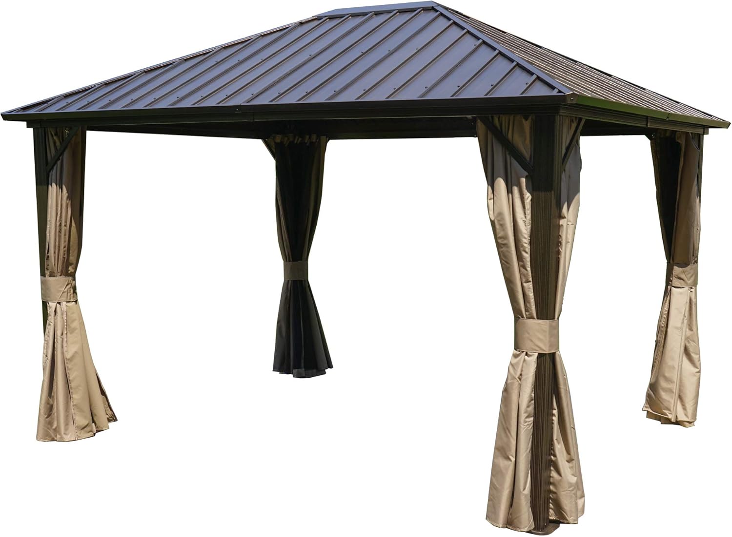 Kozyard gazebo with privacy curtains tied back to the posts