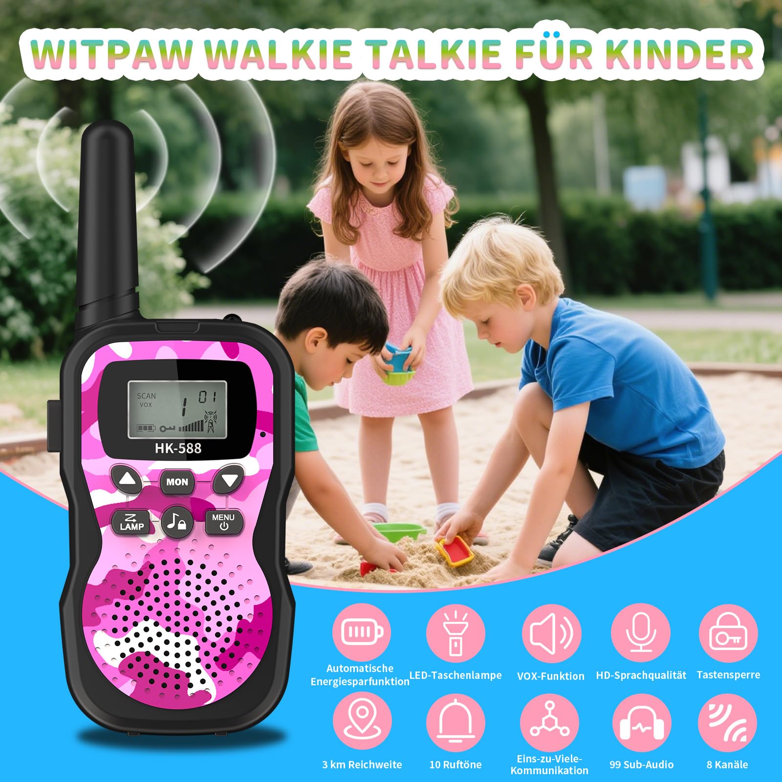 2er Set Walkie Talkie Kinder Aufladbar, 8 Kanäle, 48h Betrieb, Taschenlampe, 3 Kilometer Walkie Talkie Set，Geschenk für Jungen & Mädchen ab 3 Jahren – ideal für Camping, Spielplatz & Spielen