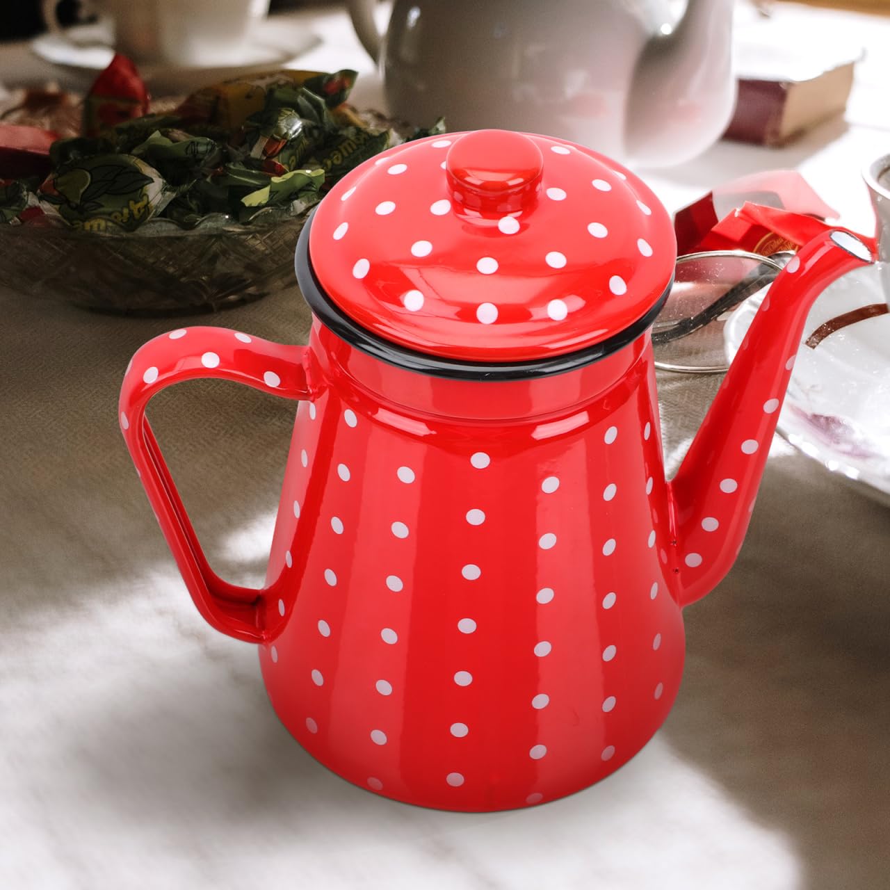 Housoutil Cafetera esmaltada de 1,5 l, boquilla estrecha de esmalte rojo, con gran caño para el hogar, para cocina y camping