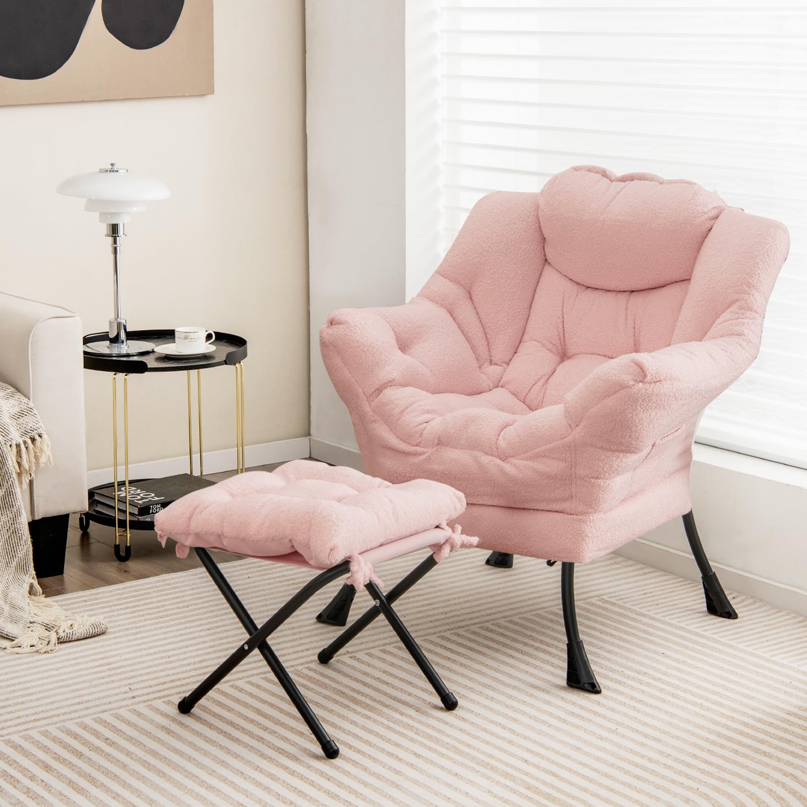 GIANTEX Sillón de Lectura con Reposapiés, Silla Sofá Moderna de Vellón de Imitación con Taburete Plegable, Cojín Suave y Bolsillo Lateral, Sillón de Ocio para Salón, Oficina, Dormitorio (Rosa)